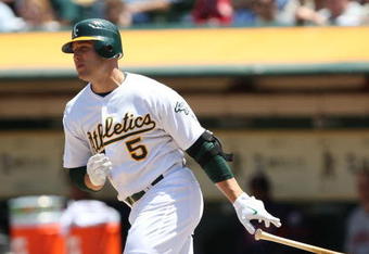OAKLAND, CA - JUNE 11:  Matt Holliday #5 of the Oakland Athletics bats against the Minnesota Twins during a Major League Baseball game on June 11, 2009 at the Oakland Coliseum in Oakland, California.  (Photo by Jed Jacobsohn/Getty Images)