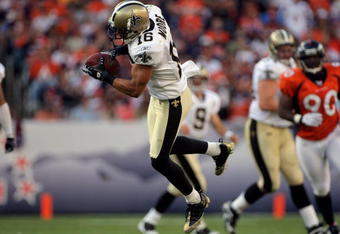DENVER - SEPTEMBER 21:  Wide receiver Lance Moore #16 of the New Orleans Saints makes a reception against the Denver Broncos during NFL action at Invesco Field at Mile High on September 21, 2008 in Denver, Colorado. The Broncos defeated the Saints 34-32.  (Photo by Doug Pensinger/Getty Images)
