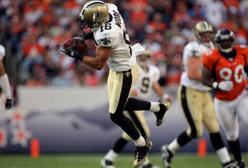 DENVER - SEPTEMBER 21:  Wide receiver Lance Moore #16 of the New Orleans Saints makes a reception against the Denver Broncos during NFL action at Invesco Field at Mile High on September 21, 2008 in Denver, Colorado. The Broncos defeated the Saints 34-32.  (Photo by Doug Pensinger/Getty Images)