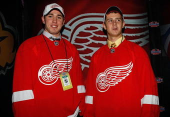 MONTREAL, QC - JUNE 27:  Landon Ferraro and Tomas Tatar of the Detroit Red Wings look on during the 2009 NHL Entry Draft at the Bell Centre on June 27, 2009 in Montreal, Quebec, Canada.  (Photo by Richard Wolowicz/Getty Images)