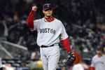 NEW YORK - MAY 05:  Josh Beckett #19 of the Boston Red Sox celebrates the final out of the sixth inning against the New York Yankees on May 5, 2009 at Yankee Stadium in the Bronx borough of New York City. The Red Sox defeated the Yankees 7-3.  (Photo by Jim McIsaac/Getty Images)