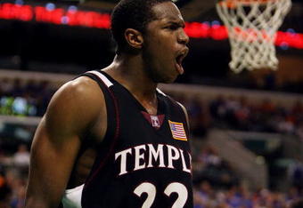 SUNRISE, FL - DECEMBER 29:  Dionte Christmas #22 of the Temple Owls celebrates after hitting a basket while being fouled against the Florida Gators in the Orange Bowl Basketball Classic at Bank Atlantic Center on December 29, 2007 in Sunrise, Florida. Florida defeated Temple 86-69.  (Photo by Doug Benc/Getty Images)