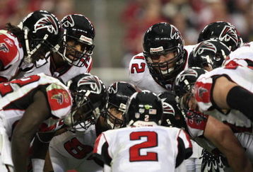 GLENDALE, AZ - JANUARY 03:   The Atlanta Falcons huddle around quarterback Matt Ryan #2 in the NFC Wild Card Game against the Arizona Cardinals on January 3, 2009 at University of Phoenix Stadium in Glendale, Arizona. The Cardinals defeated the Falcons 30-24.  (Photo by Jed Jacobsohn/Getty Images)