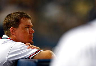 ATLANTA - JUNE 25:  Chipper Jones #10 of the Atlanta Braves looks on in the ninth inning against the New York Yankees at Turner Field on June 25, 2009 in Atlanta, Georgia.  (Photo by Kevin C. Cox/Getty Images)