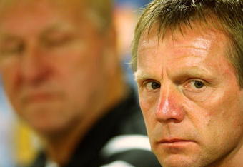 MALMO, SWEDEN - JUNE 28:  Stuart Pearce, Manager of England U21, attends press conferance with Horst Hrubesch, Manager of Germany U21, ahead of their UEFA European Under-21 Championship  Final match between Germany and England, at the New Stadium on June 28, 2009 in Malmo, Sweden.  (Photo by Phil Cole/Getty Images)