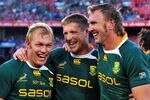 PRETORIA, SOUTH AFRICA - JUNE 27:  (L-R) Schalk Burger, Bakkies Botha and Andries Bekker of South Africa celebrate their series win after the Second Test match between South Africa and the British and Irish Lions at Loftus Versfeld on June 27, 2009 in Pretoria, South Africa.  (Photo by Duif du Toit/Gallo Images/Getty Images)