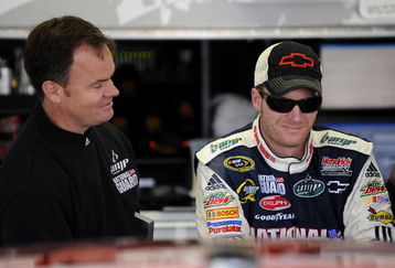 LONG POND, PA - JUNE 06: Dale Earnhardt Jr. driver of the #88 National Guard/AMP Energy Chevrolet talks with Crew Chief Lance McGrew before practice for the NASCAR Sprint Cup Series Pocono 500 on June 6, 2009 at Pocono International Raceway in Long Pond, Pennsylvania.  (Photo by John Harrelson/Getty Images for NASCAR)