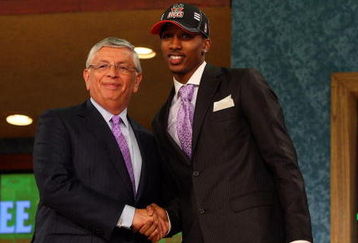 NEW YORK - JUNE 25:  NBA Commissioner David Stern poses for a photograph with the tenth overall draft pick by the Milwaukee Bucks,  Brandon Jennings during the 2009 NBA Draft at the Wamu Theatre at Madison Square Garden June 25, 2009 in New York City. NOTE TO USER: User expressly acknowledges and agrees that, by downloading and/or using this Photograph, User is consenting to the terms and conditions of the Getty Images License Agreement.  (Photo by Jim McIsaac/Getty Images)