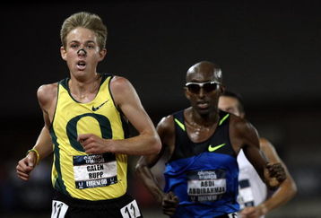 EUGENE, OR - JULY 04:  Silver medalist Galen Rupp runs ahead of gold medalist Abdi Abdirahman in the men's 10,000 meter final during day six of the U.S. Track and Field Olympic Trials at Hayward Field on July 4, 2008 in Eugene, Oregon.  (Photo by Jonathan Ferrey/Getty Images)