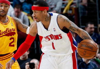 CLEVELAND - FEBRUARY 22:  Allen Iverson #1 of the Detroit Pistons moves past Mo Williams #2 of the Cleveland Cavaliers during the game on February 22, 2009 at the Quicken Loans Arena in Cleveland, Ohio.  The Cavaliers won 99-78.  NOTE TO USER: User expressly acknowledges and agrees that, by downloading and or using this photograph, User is consenting to the terms and conditions of the Getty Images License Agreement.  (Photo by Gregory Shamus/Getty Images)