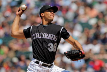 DENVER - MAY 27:  Starting pitcher Ubaldo Jimenez #38 of the Colorado Rockies delivers against the Los Angeles Dodgers during MLB action at Coors Field on May 27, 2009 in Denver, Colorado. Jimenez collected the loss as the Dodgers defeated the Rockies 8-6.  (Photo by Doug Pensinger/Getty Images)