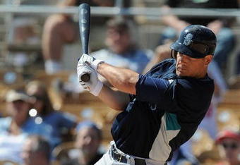 GLENDALE, AZ - MARCH 07:   Jeff Clement #9 of the Seattle Mariners bats during a Spring Training game against the Los Angeles Dodgers at Camelback Ranch on March 7, 2009 in Glendale, Arizona.  (Photo by Lisa Blumenfeld/Getty Images)