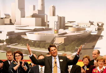 CHARLOTTE, NC - MARCH 6:  Mayor of Charlotte, Pat McCrory, reacts during the NASCAR press conference announcing that it has selected Charlotte, North Carolina to be the home of its Hall of Fame at the Charlotte Convention Center on March 6, 2006 in Charlotte, North Carolina.  (Photo by Streeter Lecka/Getty Images)