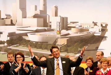 CHARLOTTE, NC - MARCH 6:  Mayor of Charlotte, Pat McCrory, reacts during the NASCAR press conference announcing that it has selected Charlotte, North Carolina to be the home of its Hall of Fame at the Charlotte Convention Center on March 6, 2006 in Charlotte, North Carolina.  (Photo by Streeter Lecka/Getty Images)