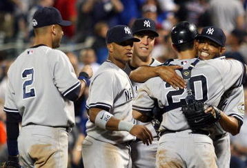 NEW YORK - JUNE 28: Mariano Rivera #42 of the New York Yankees hugs teammate Jorge Posada #20 after the final out against the New York Mets on June 28, 2009 at Citi Field in the Flushing neighborhood of the Queens borough of New York City. (Photo by Jim McIsaac/Getty Images)