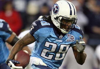 NASHVILLE, TN - JANUARY 10:  Running back Chris Johnson #28 of the Tennessee Titans runs the ball in the first quarter against the Baltimore Ravens during the AFC Divisional Playoff Game on January 10, 2009 at LP Field in Nashville, Tennessee.  (Photo by Andy Lyons/Getty Images)