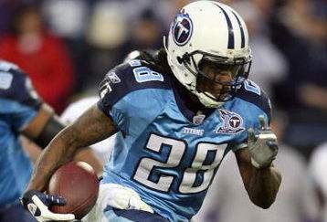 NASHVILLE, TN - JANUARY 10:  Running back Chris Johnson #28 of the Tennessee Titans runs the ball in the first quarter against the Baltimore Ravens during the AFC Divisional Playoff Game on January 10, 2009 at LP Field in Nashville, Tennessee.  (Photo by Andy Lyons/Getty Images)