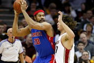 CLEVELAND - APRIL 21:  Rasheed Wallace #30 of the Detroit Pistons goes up against Anderson Varejao #17 of the Cleveland Cavaliers in Game Two of the Eastern Conference Quarterfinals during the 2009 NBA Playoffs at Quicken Loans Arena on April 21, 2009 in Cleveland, Ohio.  The Cavaliers won 94-82.  NOTE TO USER: User expressly acknowledges and agrees that, by downloading and or using this photograph, User is consenting to the terms and conditions of the Getty Images License Agreement.  (Photo by Gregory Shamus/Getty Images)