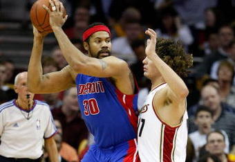 CLEVELAND - APRIL 21:  Rasheed Wallace #30 of the Detroit Pistons goes up against Anderson Varejao #17 of the Cleveland Cavaliers in Game Two of the Eastern Conference Quarterfinals during the 2009 NBA Playoffs at Quicken Loans Arena on April 21, 2009 in Cleveland, Ohio.  The Cavaliers won 94-82.  NOTE TO USER: User expressly acknowledges and agrees that, by downloading and or using this photograph, User is consenting to the terms and conditions of the Getty Images License Agreement.  (Photo by Gregory Shamus/Getty Images)