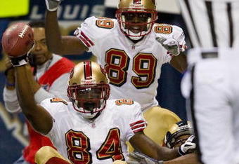 ST. LOUIS, MO - DECEMBER 21: Josh Morgan #84 and Jason Hill #89 both of the San Francisco 49ers celebrate Morgan's touchdown against the St. Louis Rams at the Edward Jones Dome on December 21, 2008 in St. Louis, Missouri.  The 49ers beat the Rams 17-16.  (Photo by Dilip Vishwanat/Getty Images)