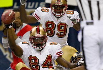 ST. LOUIS, MO - DECEMBER 21: Josh Morgan #84 and Jason Hill #89 both of the San Francisco 49ers celebrate Morgan's touchdown against the St. Louis Rams at the Edward Jones Dome on December 21, 2008 in St. Louis, Missouri.  The 49ers beat the Rams 17-16.  (Photo by Dilip Vishwanat/Getty Images)