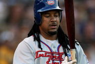 LAKE ELSINORE, CA - JUNE 27:  Manny Ramirez #99 of the Inland Empire 66ers waits on deck against the Lake Elsinore Storm on June 27, 2009 at the Lake Elsinore Diamond in Lake Elsinore, California. Ramirez is preparing for hsi return to the Los Angeles Dodgers after a 50 game suspension.  (Photo by Stephen Dunn/Getty Images)