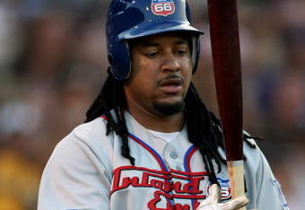 LAKE ELSINORE, CA - JUNE 27:  Manny Ramirez #99 of the Inland Empire 66ers waits on deck against the Lake Elsinore Storm on June 27, 2009 at the Lake Elsinore Diamond in Lake Elsinore, California. Ramirez is preparing for hsi return to the Los Angeles Dodgers after a 50 game suspension.  (Photo by Stephen Dunn/Getty Images)