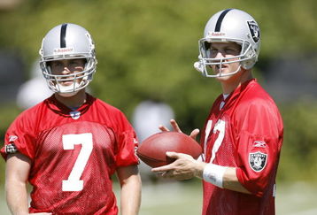 NAPA, CA - JULY 27: Quarterback Josh McCown #12 and quarterback Jeff Otis #7 as the Oakland Raiders start their training camp at the Marriott Hotel in Napa, California. (Photo by Greg Trott/Getty Images)