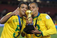 JOHANNESBURG, SOUTH AFRICA - JUNE 28: Felipe Melo and Gilberto Silva of Brazil celebrate during the 2009 Confederations Cup final match between Brazil and USA from Ellis Park on June 28, 2009 in Johannesburg, South Africa. (Photo by Lefty Shivambu/Gallo Images/Getty Images)