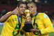 JOHANNESBURG, SOUTH AFRICA - JUNE 28:  Felipe Melo and Gilberto Silva of Brazil celebrate during the 2009 Confederations Cup final match between Brazil and USA from Ellis Park on June 28, 2009 in Johannesburg, South Africa. (Photo by Lefty Shivambu/Gallo Images/Getty Images)