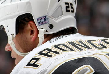 TORONTO - OCTOBER 21:  Chris Pronger #25 of the Anaheim Ducks prepares for a face-off against the Toronto Maple Leafs with the Hockey Fights Cancer logo on his helmet during a NHL game at the Air Canada Centre October 21, 2008 in Toronto, Ontario.(Photo By Dave Sandford/Getty Images)