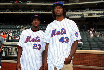 NEW YORK - JUNE 26: New York Knicks 2009 first round draft picks Toney Douglas #23 (29th overall) and Jordan Hill #43 (8th overall) look on during batting practice before the game against the New York Yankees and the new York Mets on June 26, 2009 at Citi Field in the Flushing neighborhood of the Queens borough of New York City.  (Photo by Jim McIsaac/Getty Images)