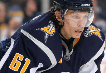 BUFFALO, NY - DECEMBER 27:  Maxim Afinogenov #61 of the Buffalo Sabres looks on during a break in NHL game action against the New York Islanders on December 27, 2008 at HSBC Arena in Buffalo, New York. The Sabres defeated the Islanders in shootout overtime 4-3. (Photo by Rick Stewart/Getty Images)
