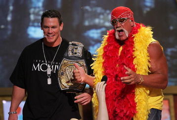 UNIVERSAL CITY, CA - AUGUST 14:  Wrestlers John Cena and Hulk Hogan present an award onstage at the 2005 Teen Choice Awards held at Gibson Amphitheatre at Universal CityWalk on August 14, 2005 in Universal City, California.  (Photo by Kevin Winter/Getty Images)