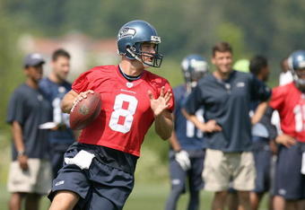 RENTON, WA - JUNE 12: Quarterback Matt Hasselbeck #8 looks to pass during minicamp at the Seahawks training facility on June 12, 2009 in Renton, Washington. (Photo by Otto Greule Jr/Getty Images)  
