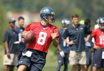 RENTON, WA - JUNE 12: Quarterback Matt Hasselbeck #8 looks to pass during minicamp at the Seahawks training facility on June 12, 2009 in Renton, Washington. (Photo by Otto Greule Jr/Getty Images)  