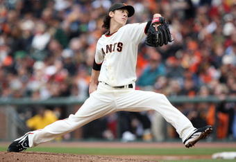 SAN FRANCISCO - APRIL 07:  Tim Lincecum #55 of the San Francisco Giants pitches against the Milwaukee Brewers during Opening Day of the Major League Baseball season on April 7, 2009 at AT&T Park in San Francisco, California.  (Photo by Jed Jacobsohn/Getty Images)