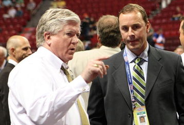 MONTREAL, QC - JUNE 26:  President & General Manager Brian Burke (L) of the Toronto Maple Leafs talks with Genral Manager Joe Nieuwendyk of the Dallas Stars prior to the first round of the 2009 NHL Entry Draft at the Bell Centre on June 26, 2009 in Montreal, Quebec, Canada.  (Photo by Bruce Bennett/Getty Images)