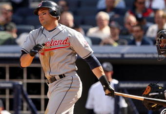 NEW YORK - APRIL 17:  Mark DeRosa #7 of the Cleveland Indians bats against the New York Yankees at Yankee Stadium on April 17, 2009 in the Bronx borough of New York City.  (Photo by Ezra Shaw/Getty Images)