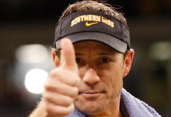 NEW ORLEANS - DECEMBER 21:  Head coach Larry Fedora of the Southern Mississippi Golden Eagles celebrates after defeating the Troy Trojans in the R+L Carriers New Orleans Bowl on December 21, 2008 at the Superdome in New Orleans, Louisiana. The Eagles defeated the Trojans 30-27.  (Photo by Chris Graythen/Getty Images)