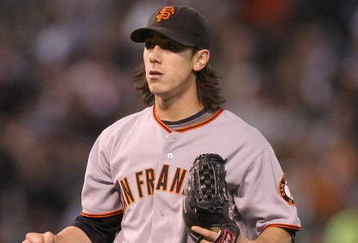 OAKLAND, CA - JUNE 23:  Tim Lincecum #55 of the San Francisco Giants pumps his fist against the Oakland Athletics during a Major League Baseball game on June 23, 2009 at the Oakland Coliseum in Oakland, California.  (Photo by Jed Jacobsohn/Getty Images)