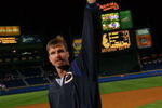21 Oct 2001:  Randy Johnson #51 of the Arizona Diamondbacks tips his cap as he leaves the field as Diamondbacks celebrate their 3-2 victory over the Atlanta Braves in game five to win the National League Champsionship Series at Turner Field in Atlanta, Georgia. DIGITAL IMAGE. Mandatory Credit: Doug Pensinger/ALLSPORT