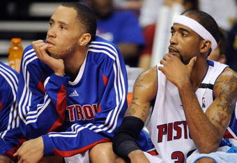 AUBURN HILLS, MI - APRIL 26:  (L-R) Tayshaun Prince #22 and Richard Hamilton #32 of the Detroit Pistons sit on the bench in Game Four of the Eastern Conference Quarterfinals against the Cleveland Cavaliers during the 2009 NBA Playoffs at the Palace of Auburn Hills on April 26, 2009 in Auburn Hills, Michigan.  The Cavaliers won 99-78.  NOTE TO USER: User expressly acknowledges and agrees that, by downloading and or using this photograph, User is consenting to the terms and conditions of the Getty Images License Agreement.  (Photo by Gregory Shamus/Getty Images)