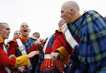 SOUTH BEND,IN - SEPTEMBER 13:  Bandmembers of the Notre Dame Fighting Irish celebrate during the game against the Michigan Wolverines on September 13, 2008 at Notre Dame Stadium in South Bend, Indiana. (Photo by: Gregory Shamus/Getty Images)