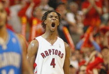 TORONTO, ON - APRIL 26:  Chris Bosh #4 of the Toronto Raptors jubilates after hitting a 3 ball against the Orlando Magic in Game Four of the Eastern Conference Quarterfinals at the Air Canada Centre April 26, 2008 in Toronto, Ontario. The Magic defeated the Raptors 106-94 to take a 3-1 series lead.  (Photo by Claus Andersen/Getty Images)