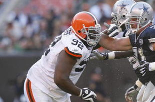 CLEVELAND - SEPTEMBER 7:  Cory Procter #71 of the Dallas Cowboys blocks against Shaun Rogers #92 of the Cleveland Browns during the game at Cleveland Browns Stadium on September 7, 2008 in Cleveland, Ohio.  (Photo by Kevin C. Cox/Getty Images)