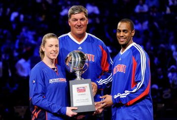 PHOENIX - FEBRUARY 14:  (L-R) Katie Smith, Bill Laimbeer and Arron Afflalo of Detroit pose with the trophy after winning the Haier Shooting Stars on All-Star Saturday Night, part of 2009 NBA All-Star Weekend at US Airways Center on February 14, 2009 in Phoenix, Arizona.  NOTE TO USER: User expressly acknowledges and agrees that, by downloading and or using this photograph, User is consenting to the terms and conditions of the Getty Images License Agreement.  (Photo by Kevork Djansezian/Getty Images)