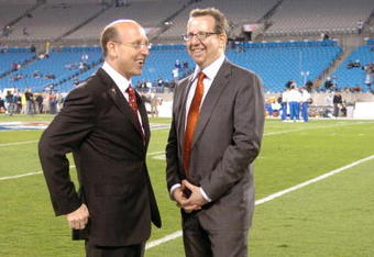 Tampa Bay Buccaneers vice presidents Joel (left) and Bryan Glazer before play  against the Tampa Bay Buccaneers on ESPN Monday Night Football Nov. 13, 2006 in Charlotte.  The Panthers won 24 - 10.  (Photo by Al Messerschmidt/Getty Images)
