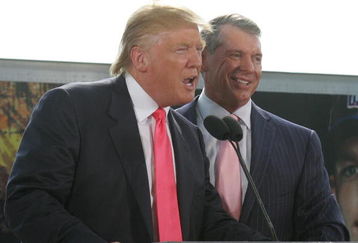 GREEN BAY, WI - JUNE 22:  Vince McMahon (L) and Donald Trump attend a press conference about the WWE at the Austin Straubel International Airport on June 22, 2009 in Green Bay, Wisconsin.  (Photo by Mark A. Wallenfang/Getty Images)