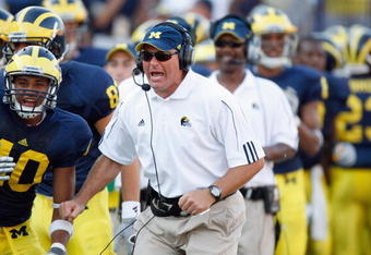 ANN ARBOR, MI - AUGUST 30:  Head coach Rich Rodriguez of the Michigan Wolverines reacts to the play during the game aganst the Utah Utes on August 30, 2008 at Michigan Stadium in Ann Arbor, Michigan. (Photo by: Gregory Shamus/Getty Images)